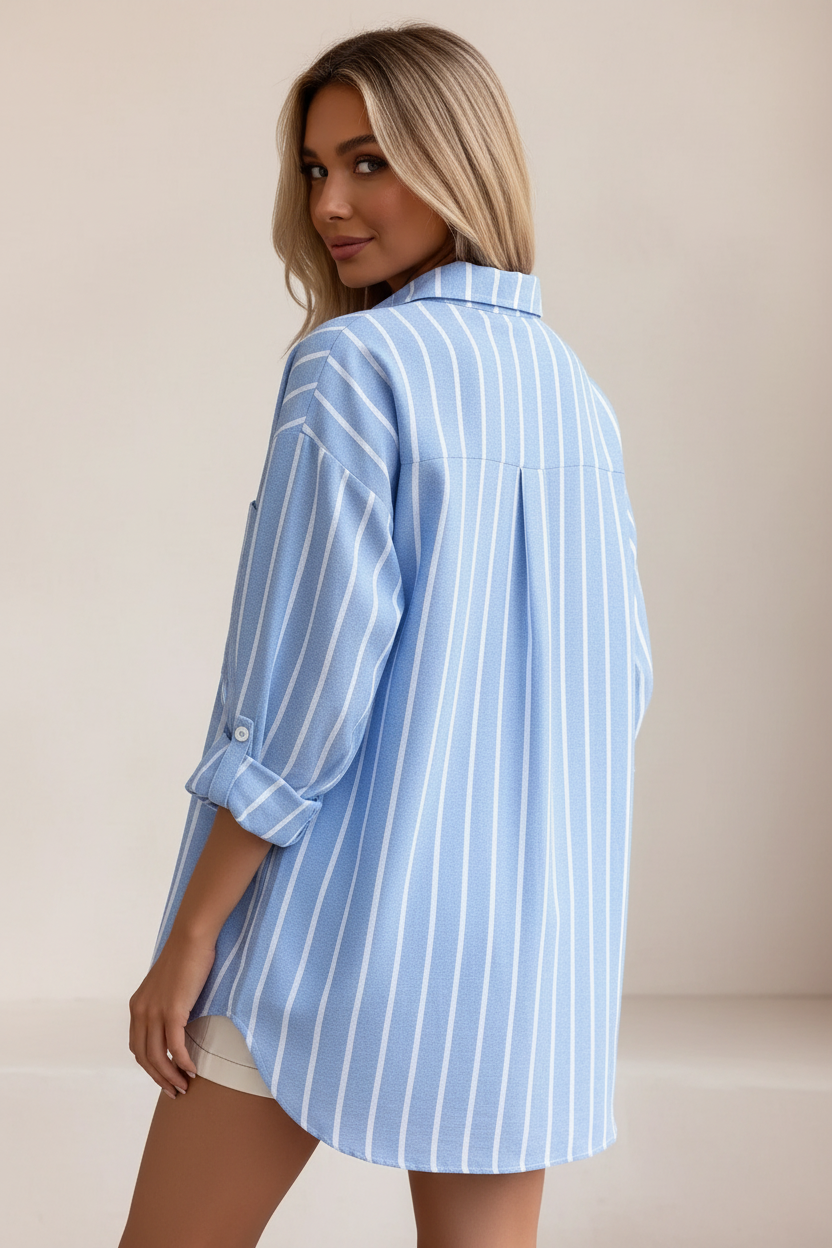 Blue striped oversized shirt, back detail