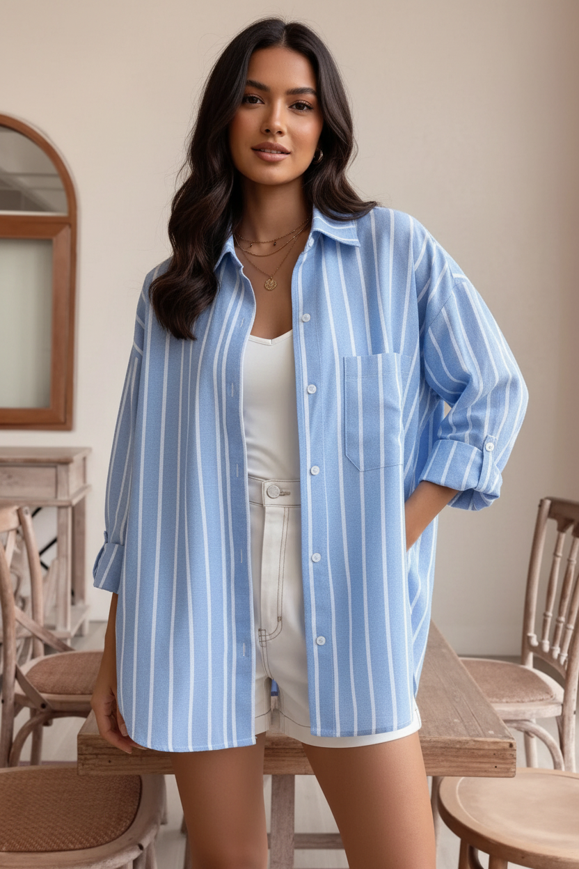 Blue striped oversized shirt, front look