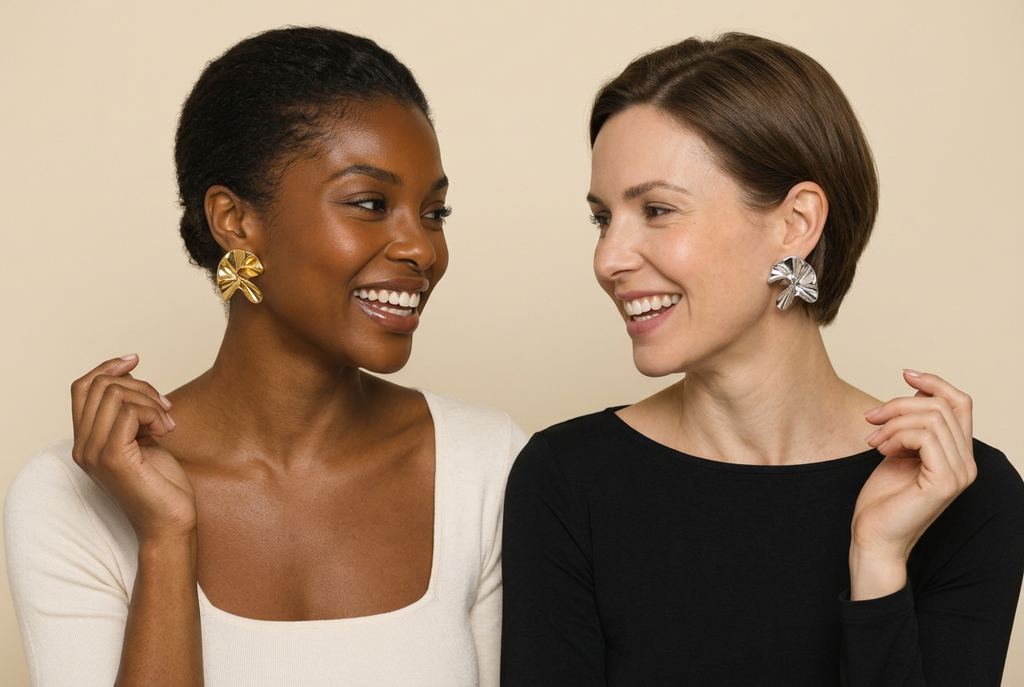 Both models — candid studio laughter