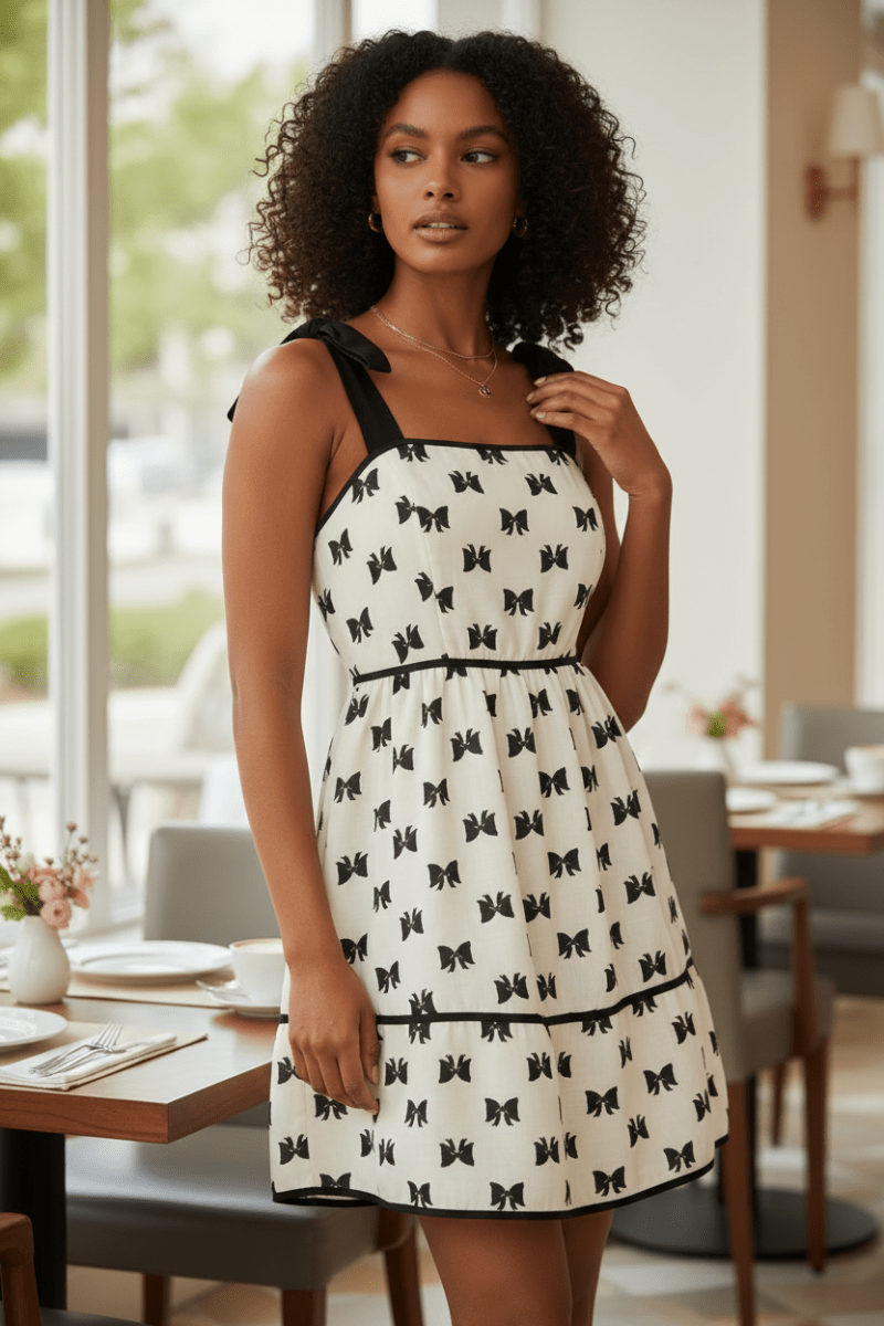Bow Print Tie-Shoulder Dress - The PM Edit