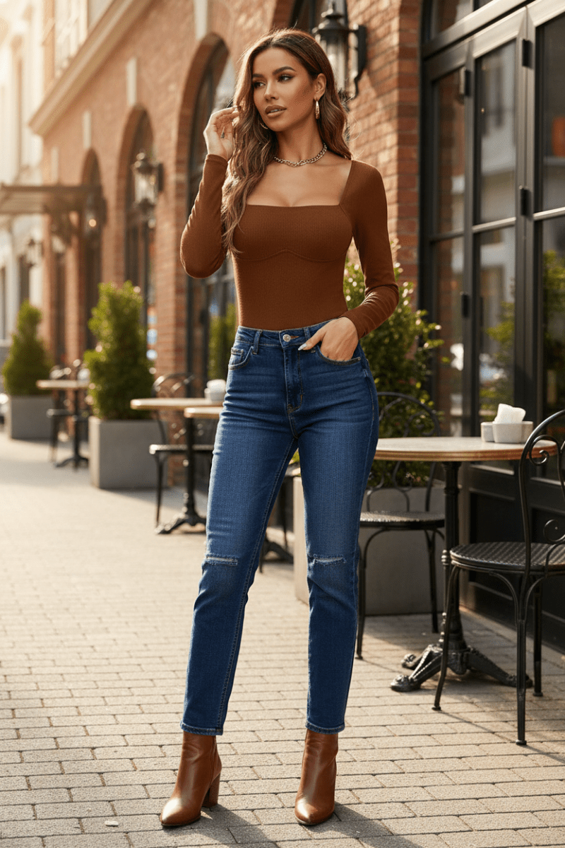 Square Neck Long Sleeve Bodysuit | Fitted Stretch Top - The PM Edit