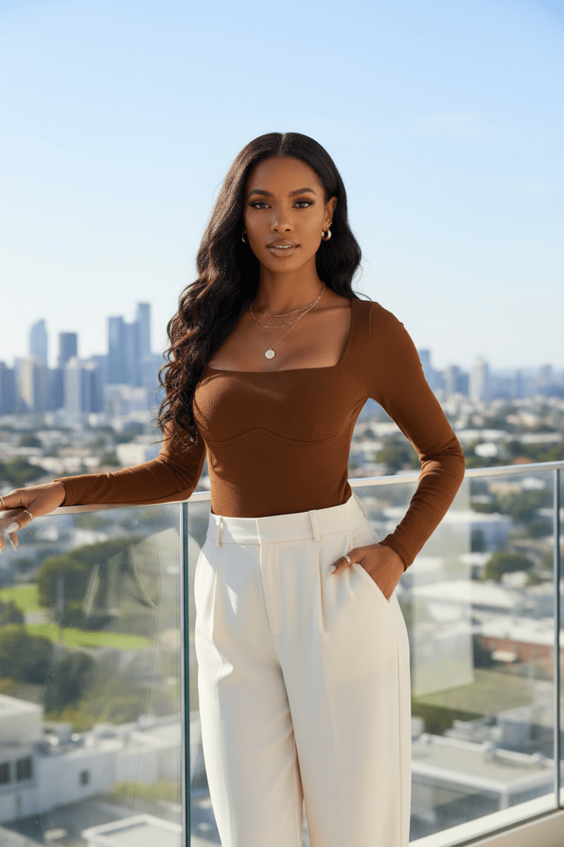Square Neck Long Sleeve Bodysuit | Fitted Stretch Top - The PM Edit
