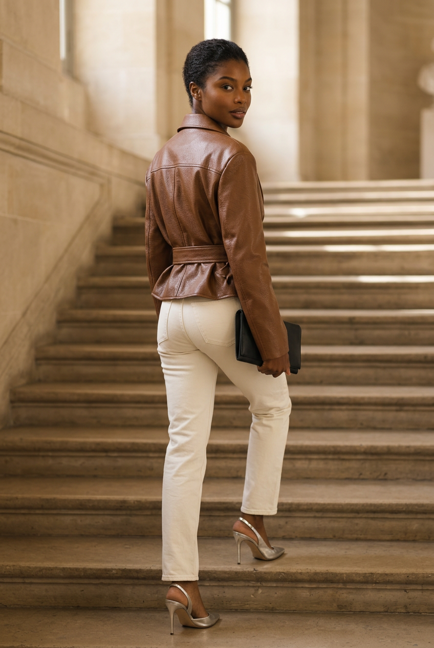 Brown jacket — Black model, walking rear view