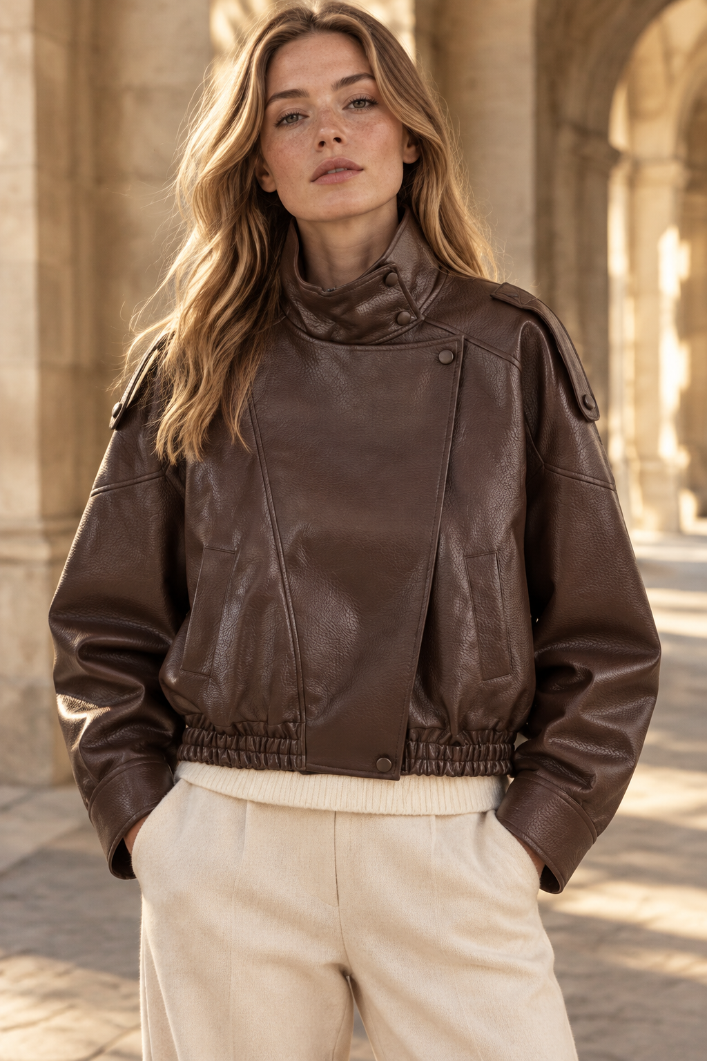 A professional model wearing a tailored wardrobe separate layout styling the matte black pebble leather jacket open to showcase a clean day-to-night lifestyle transition.
