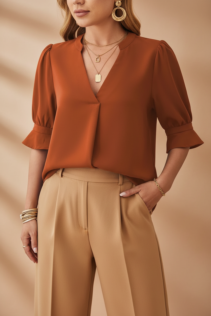 Brown Puff Sleeve Blouse