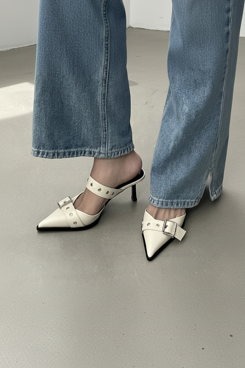 Buckle Mule Heels - Beige Lifestyle