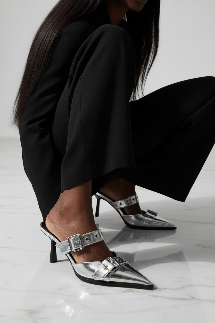 Buckle Mule Heels - Silver Lifestyle