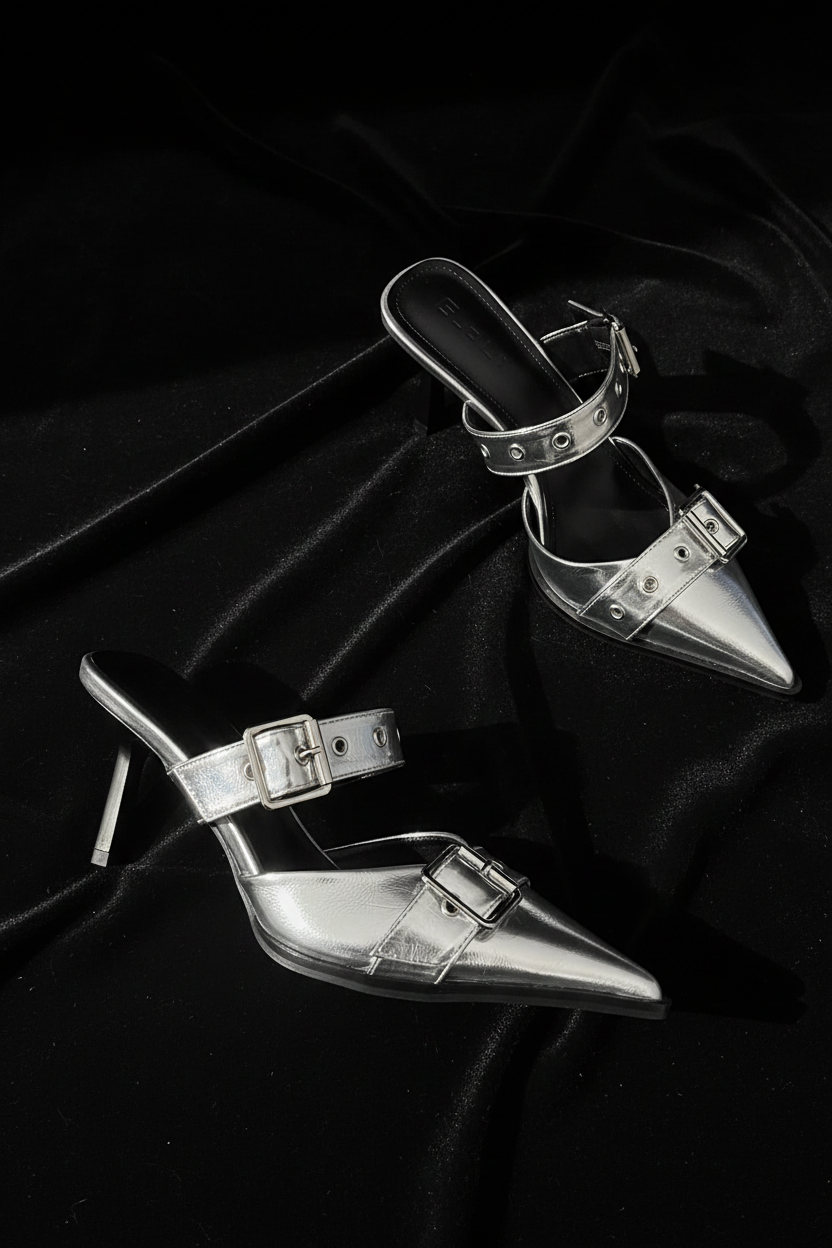 Buckle Mule - Silver Flat Lay