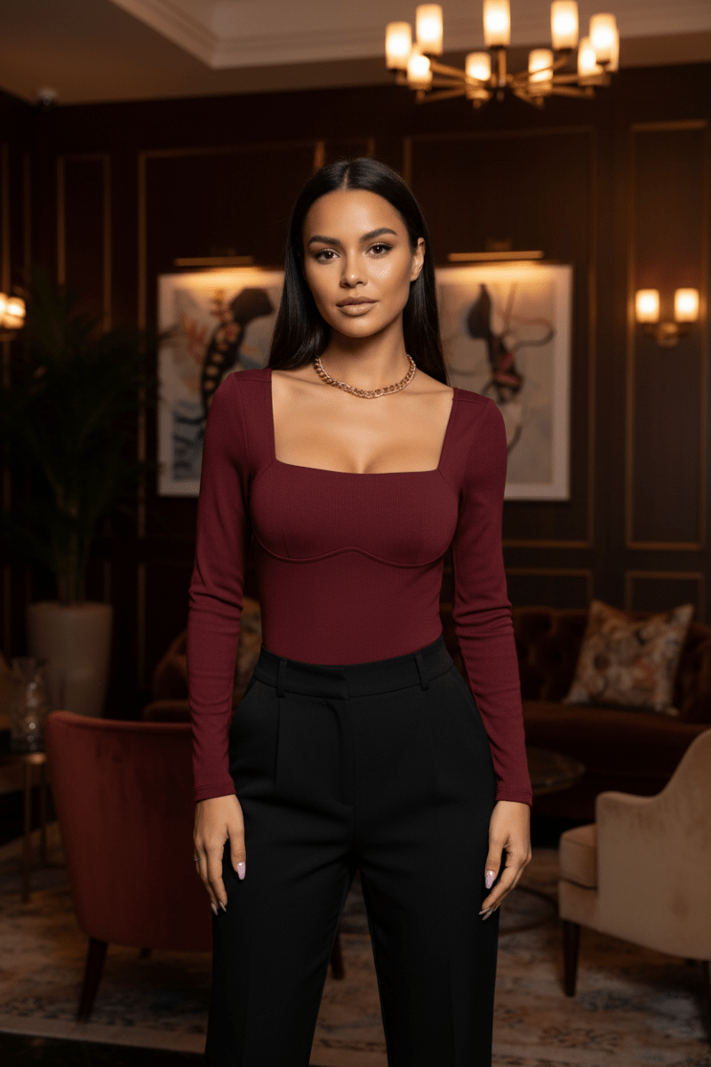 Square Neck Long Sleeve Bodysuit | Fitted Stretch Top - The PM Edit