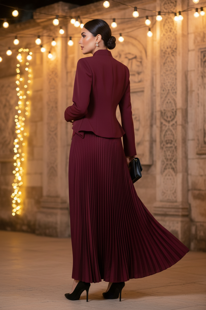 Burgundy Blazer Skirt Set - Evening