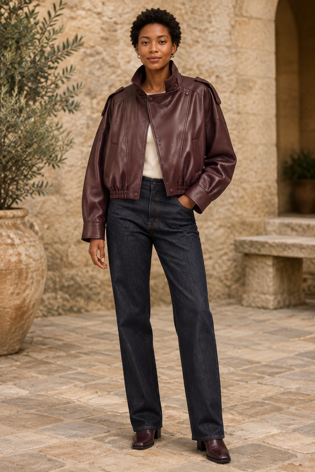  Front landscape view of the structured pebble faux leather jacket in matte black showcasing the heavy-duty metal zipper front closure array and turn-down collar layout Burgundy-brown jacket lifestyle image
