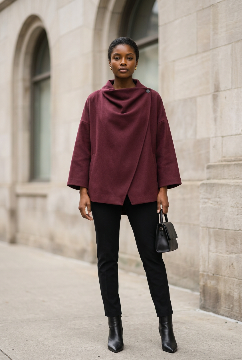 Burgundy cape — full-body