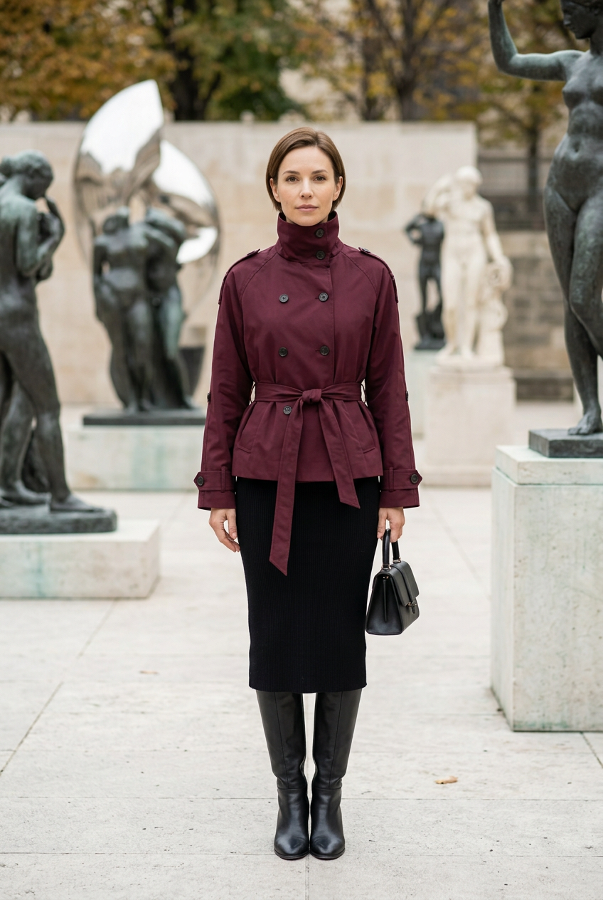 Burgundy trench jacket — courtyard full-body lifestyle