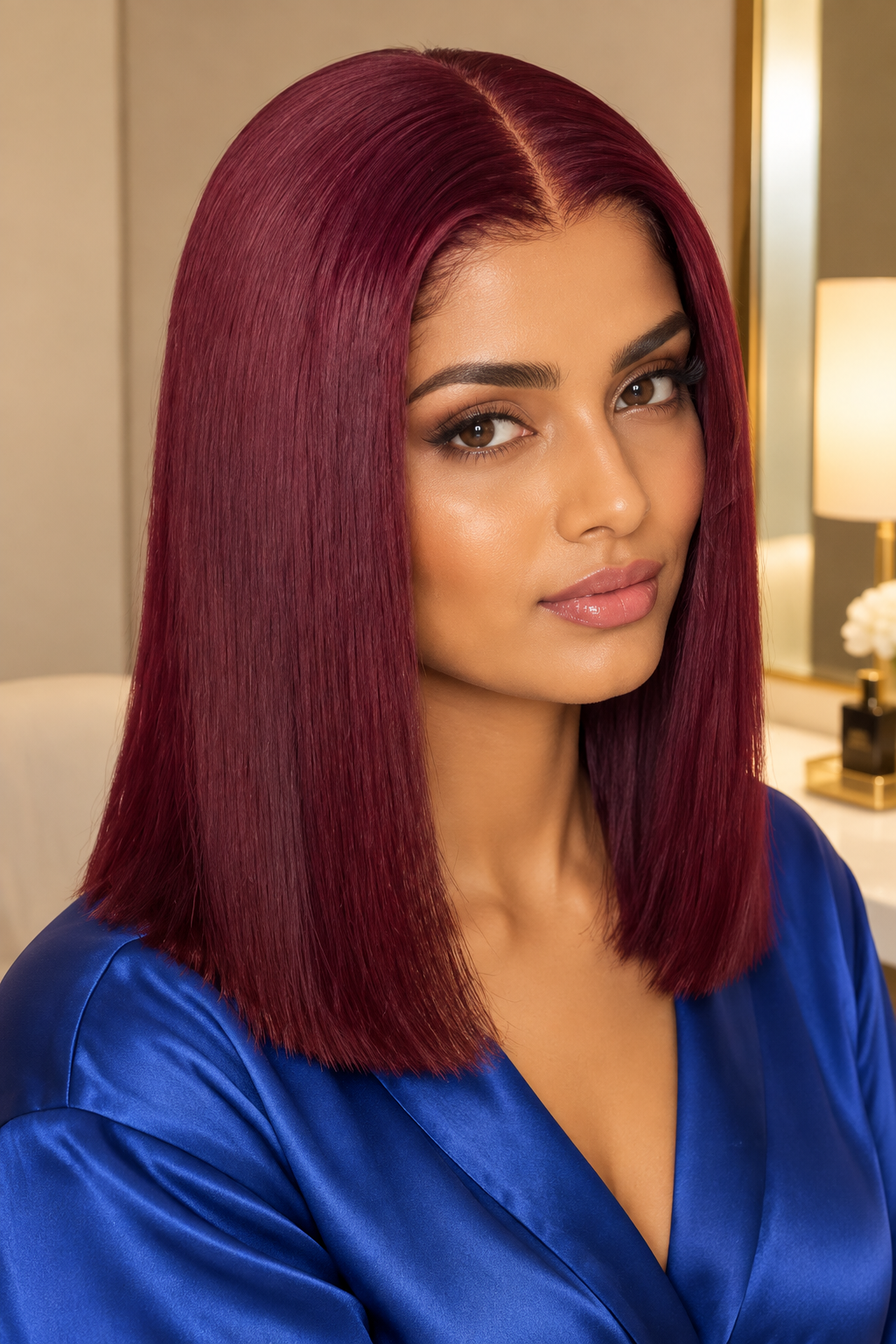 Burgundy wig hotel vanity portrait