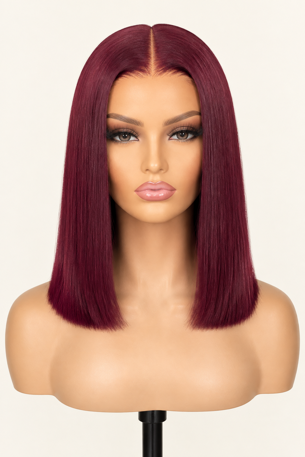 Burgundy wig on mannequin front view