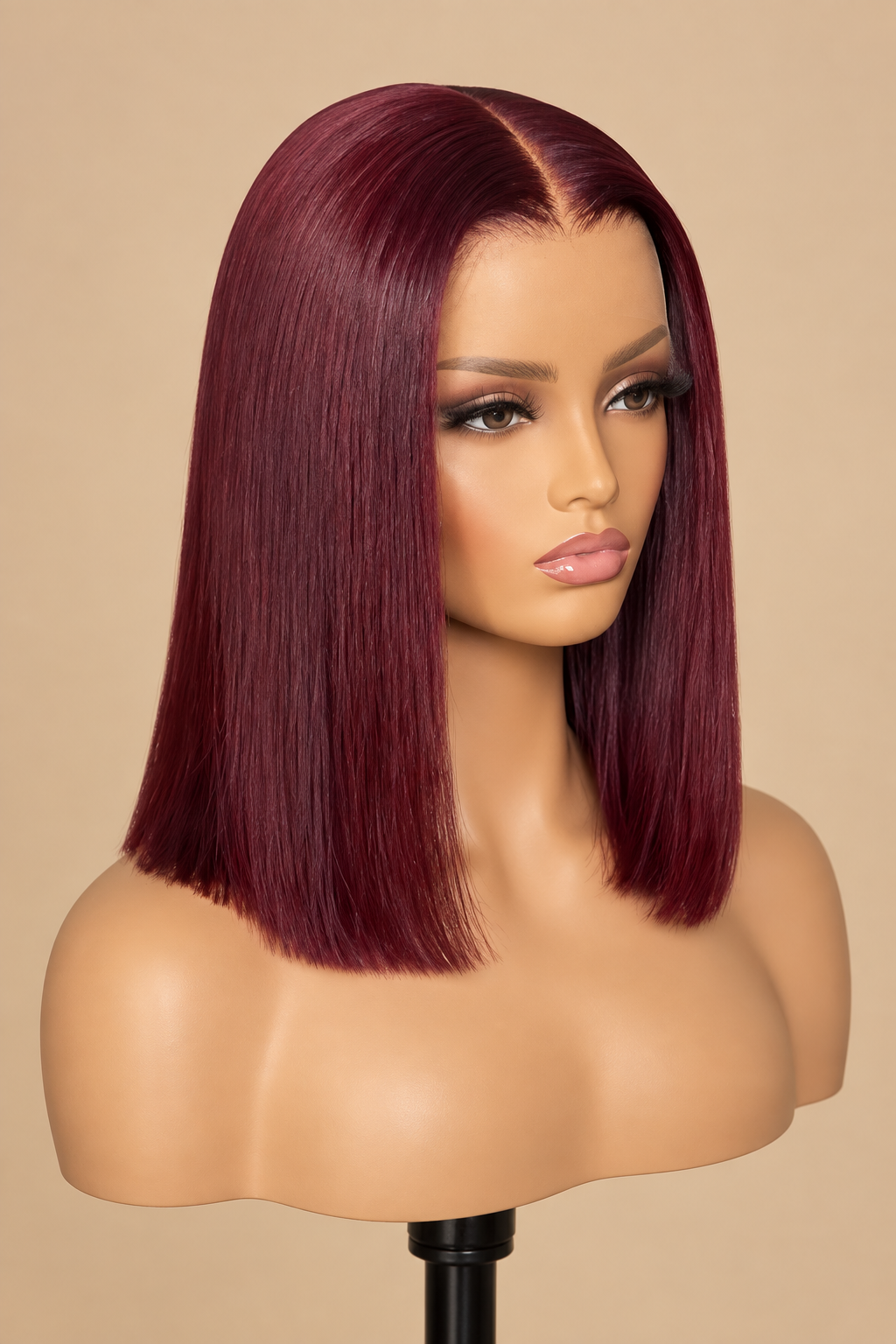 Burgundy wig on mannequin three-quarter view