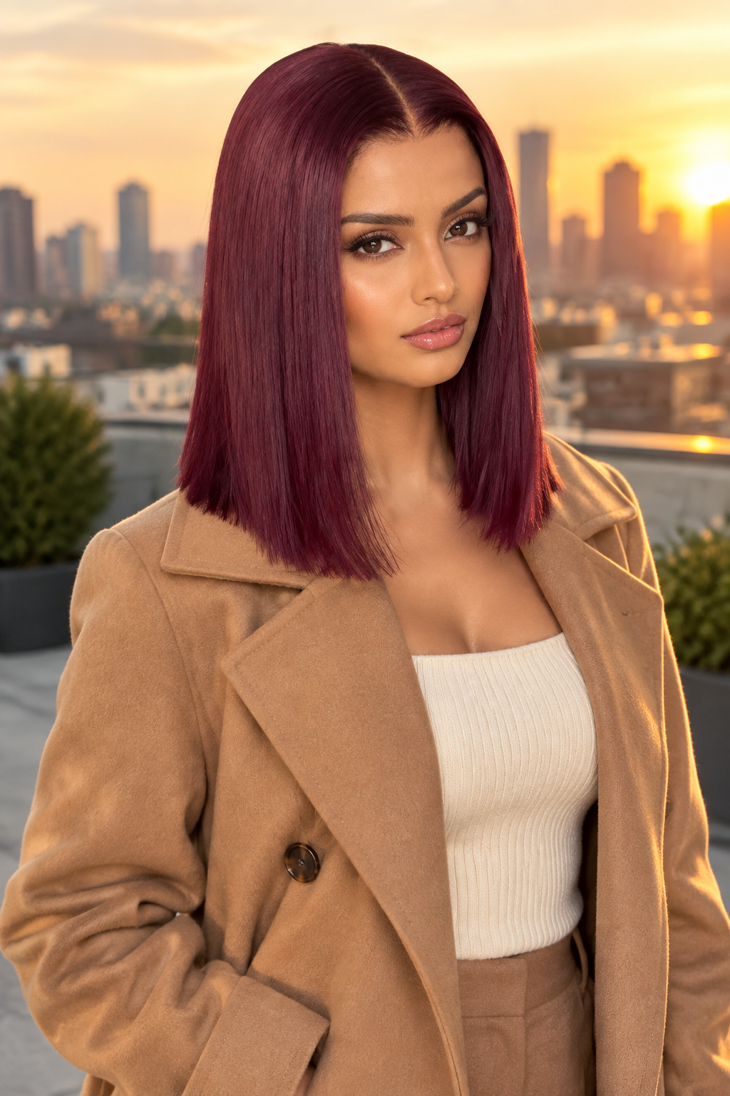 Burgundy wig rooftop editorial image