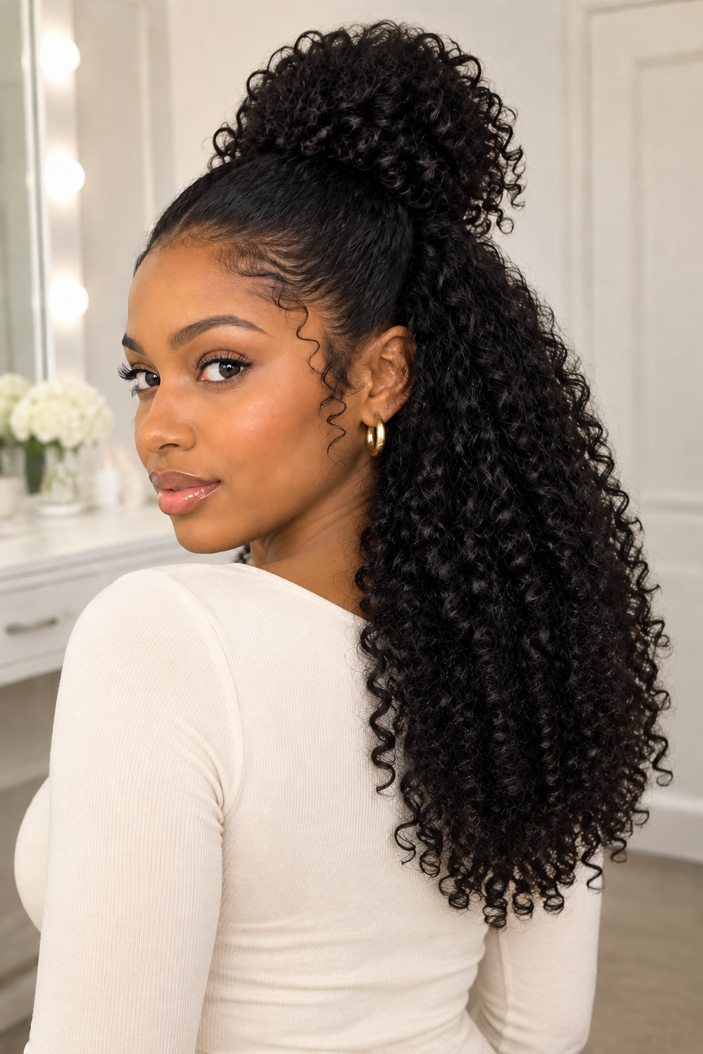 Burmese curly wig half-up half-down, back three-quarter view