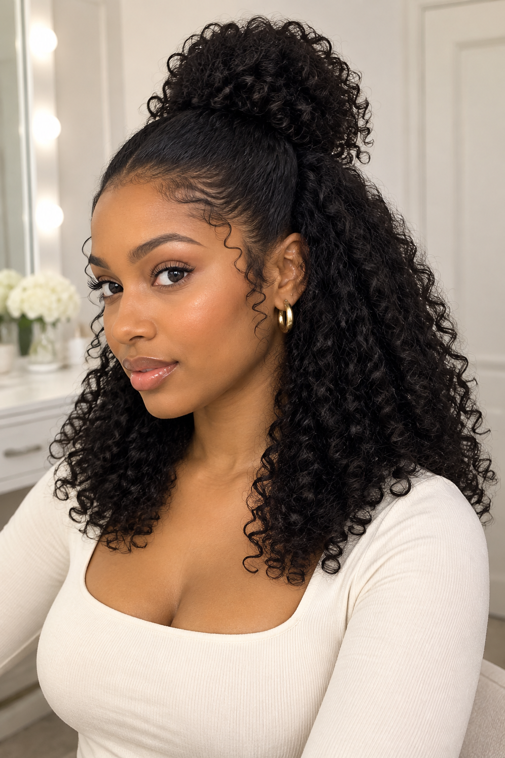 Burmese curly wig half-up half-down, front view