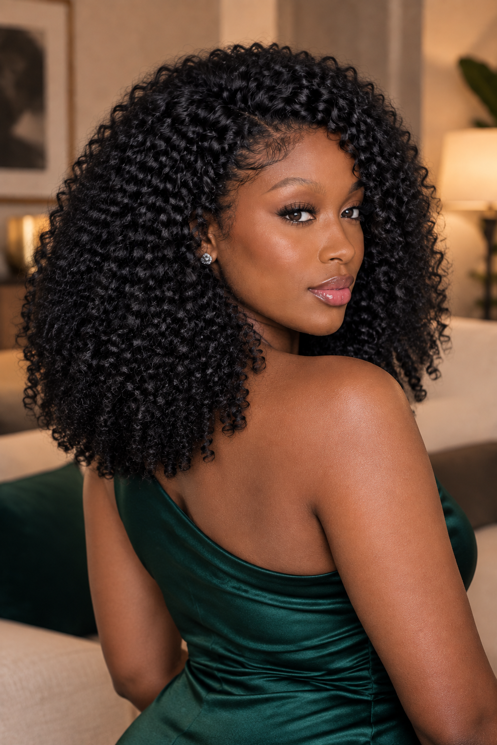 Burmese curly wig on darker model, back three-quarter view