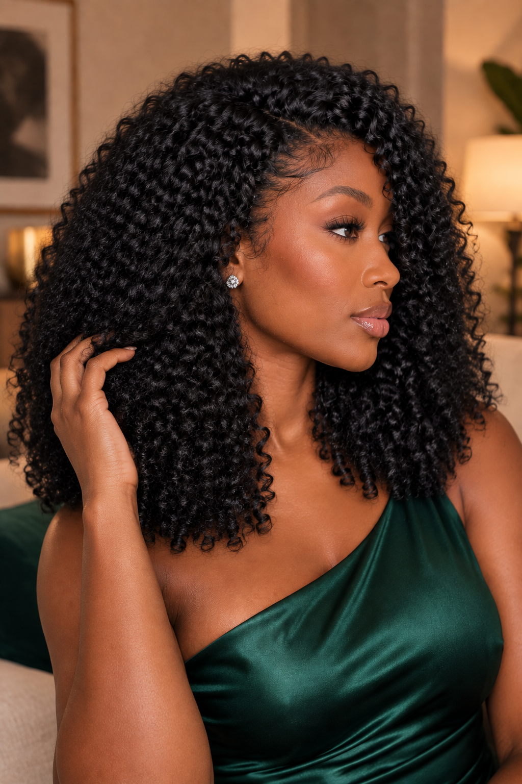 Burmese curly wig on darker model, side profile