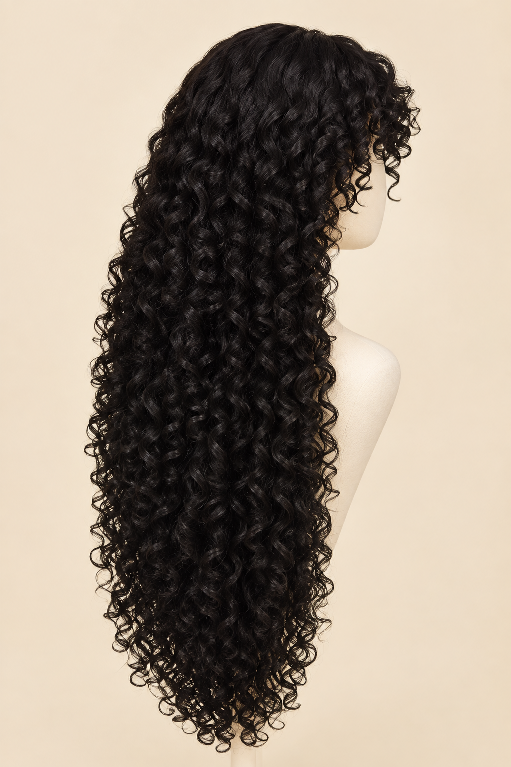 Long, black, curly wig displayed on a white mannequin head against a solid beige background.