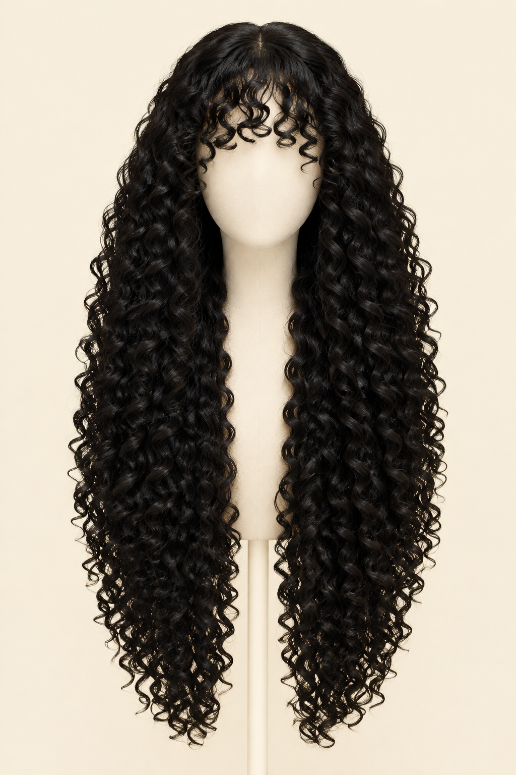 Long, straight black wig with tight, glossy curls and a center part, displayed on a white mannequin head against a light beige background.