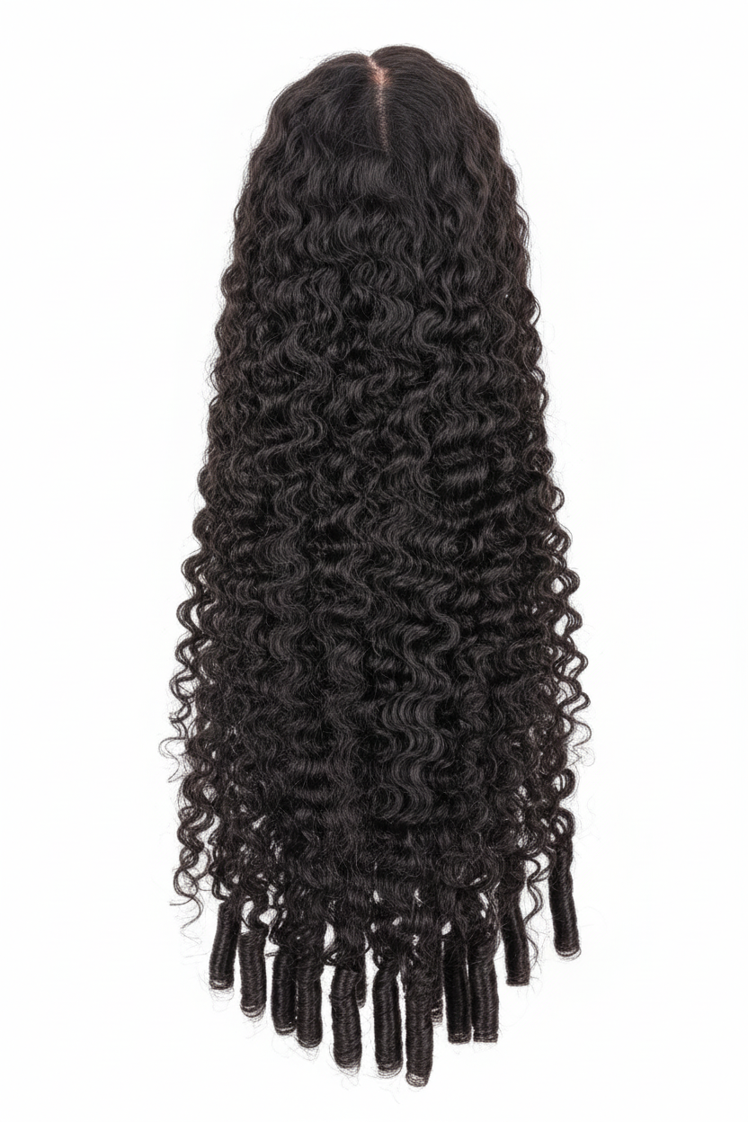 Two sets of curly hair extensions held up against a blue door.