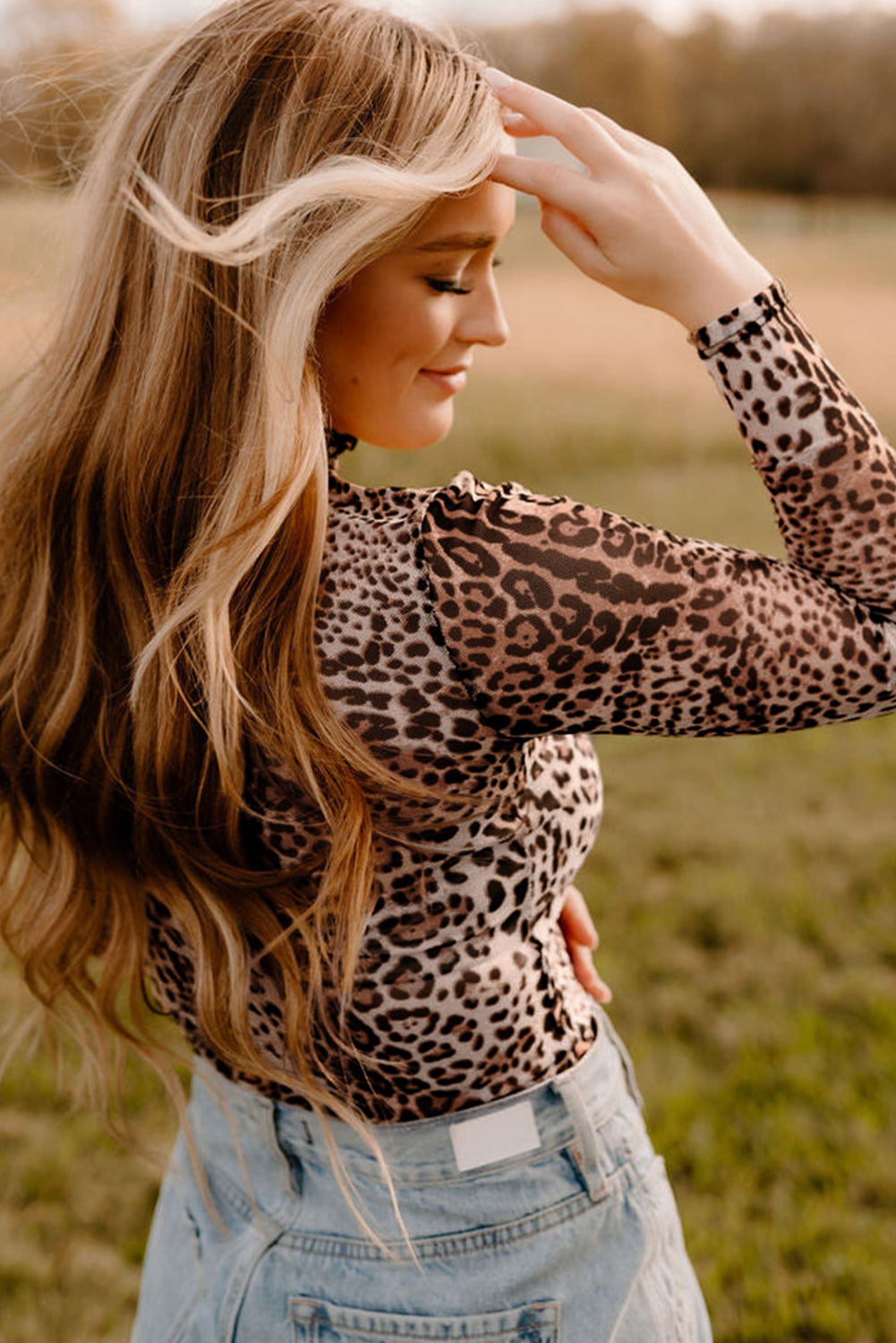 Sheer Mesh Leopard Smocked Mock Neck Bodysuit