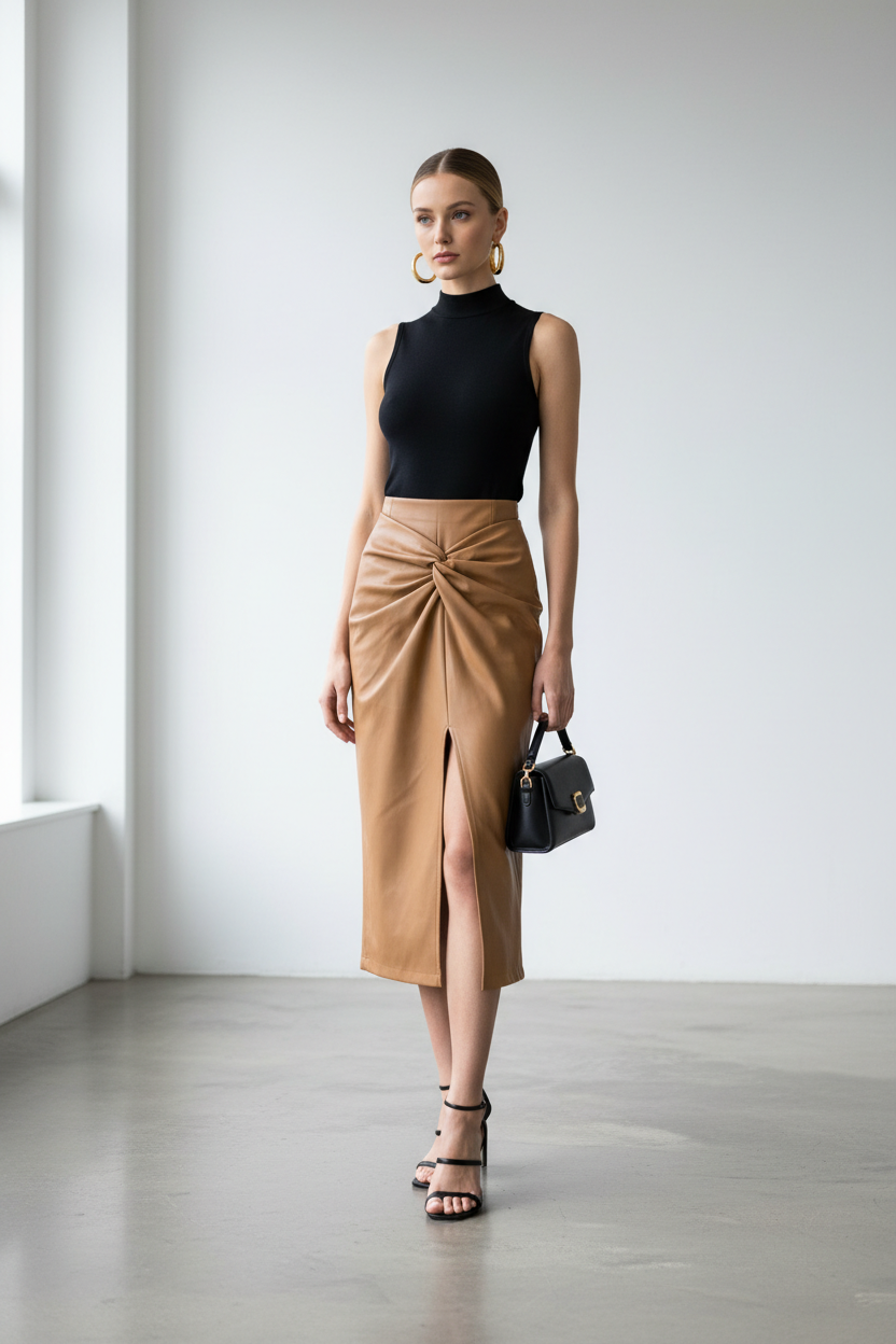 Camel Faux Leather Skirt