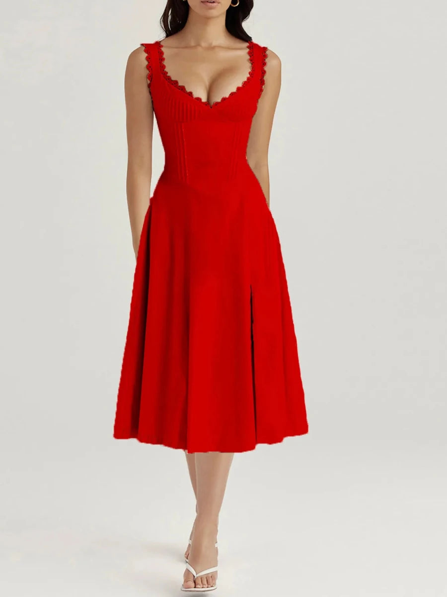 Scalloped V-Neck Midi Dress with Back Lace-Up | 2 Colors - The PM Edit
