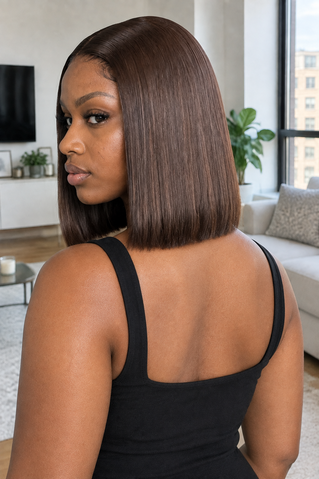 Front portrait view of a short ten inch number four chocolate brown straight human hair bob wig with a sharp center part by The PM Edit.