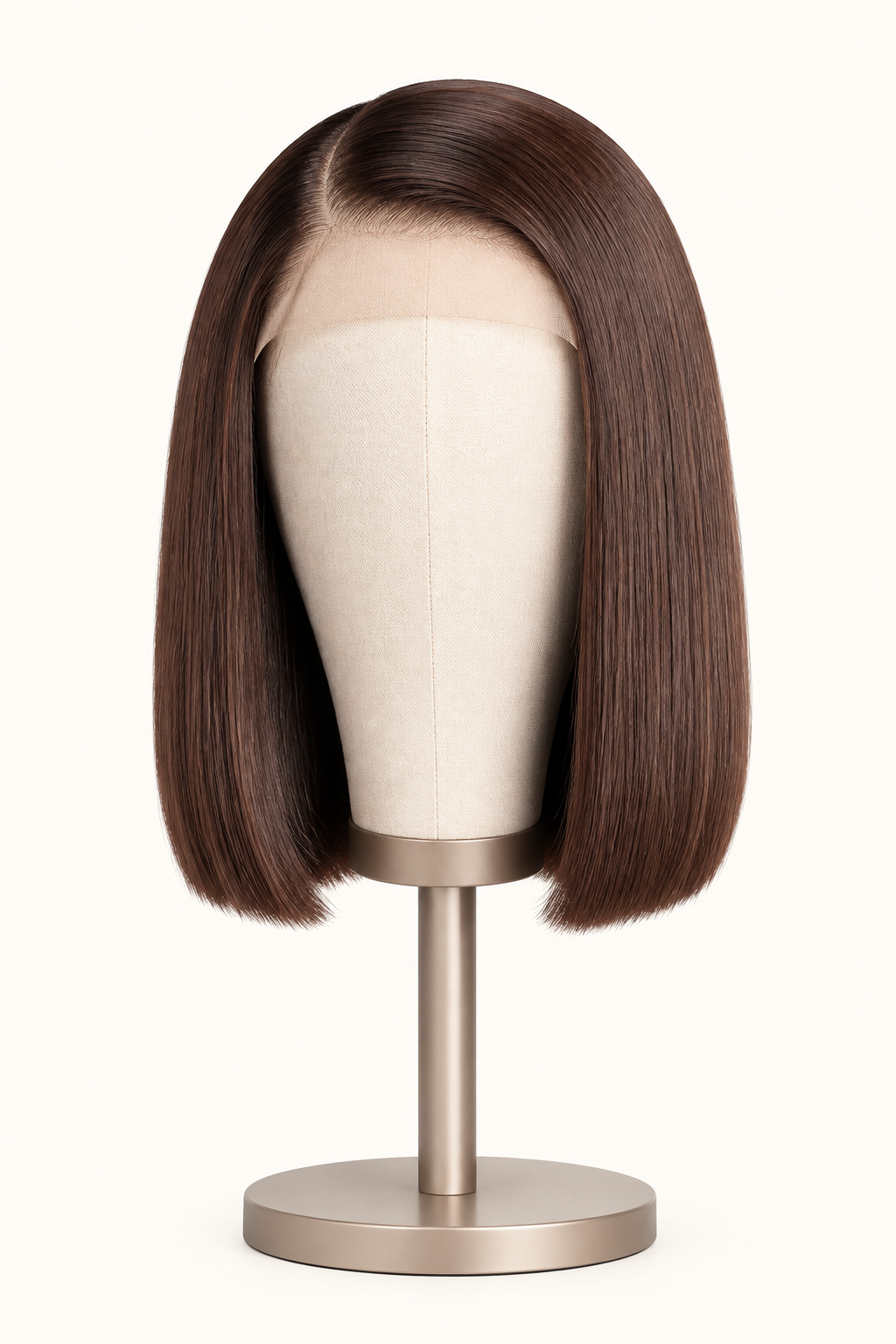 Front portrait view of a short ten inch number four chocolate brown straight human hair bob wig with a sharp center part by The PM Edit.
