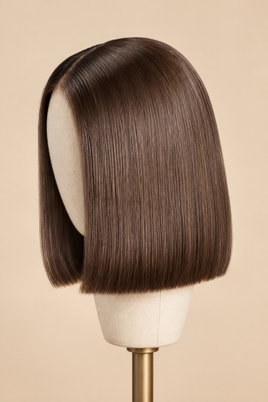 Front portrait view of a short ten inch number four chocolate brown straight human hair bob wig with a sharp center part by The PM Edit.