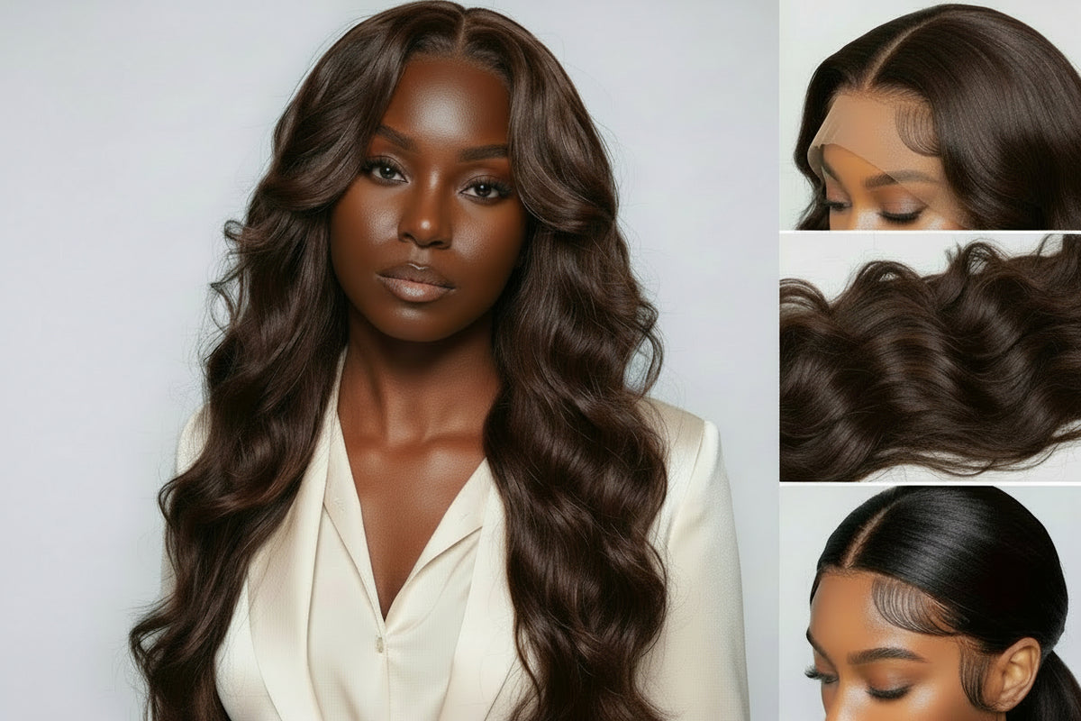 Woman with long wavy hair and close-up shots of the hair on a white background
