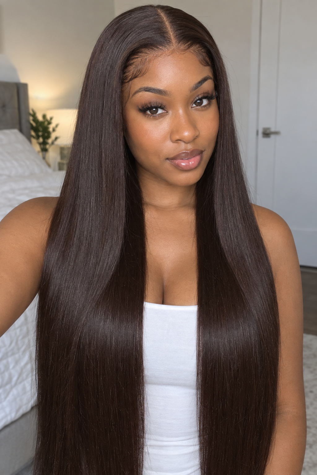 Chocolate-brown straight wig on model, front view