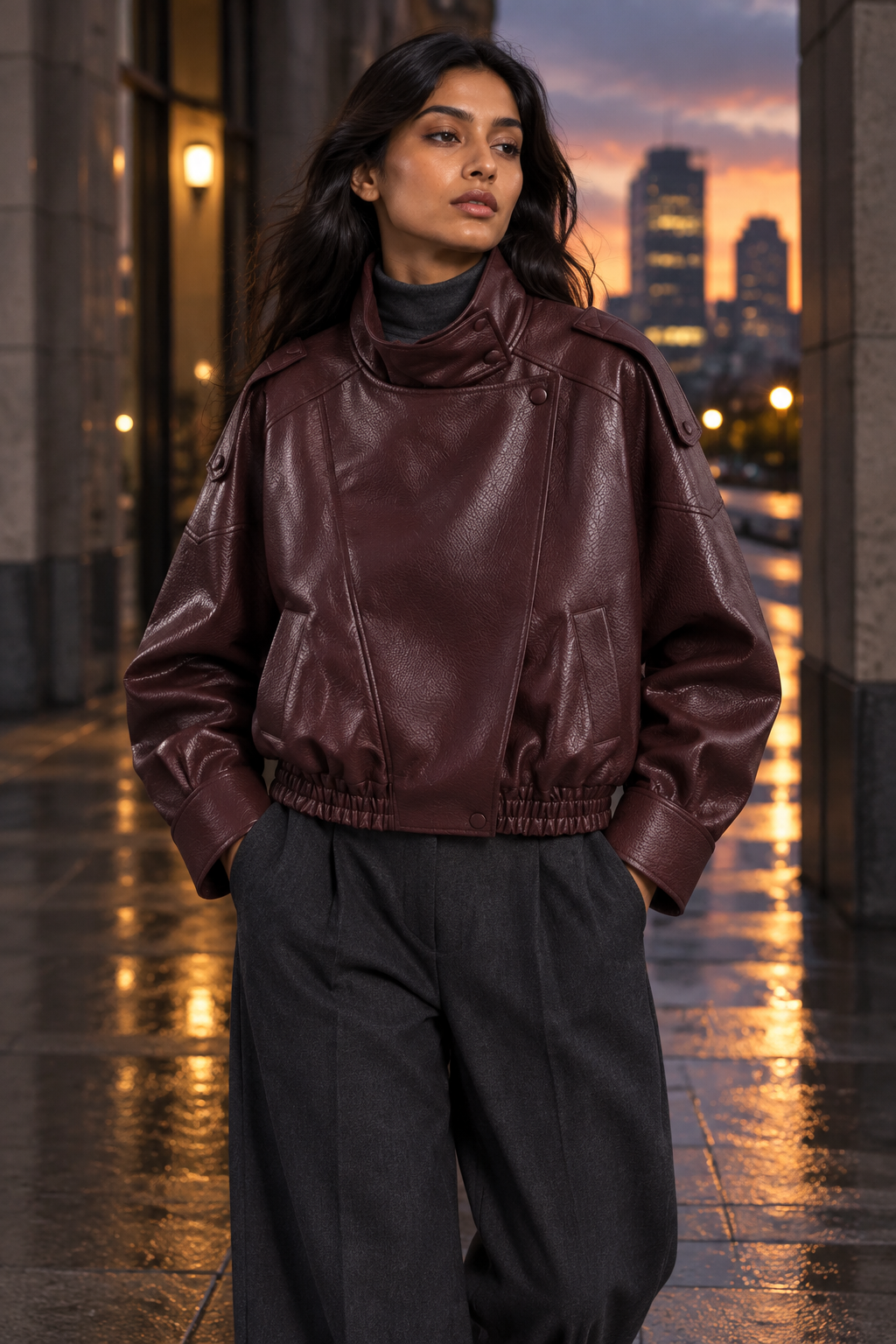 •  A professional model wearing a tailored wardrobe separate layout styling the matte black pebble leather jacket open to showcase a clean day-to-night lifestyle transition.
 Claret jacket lifestyle image