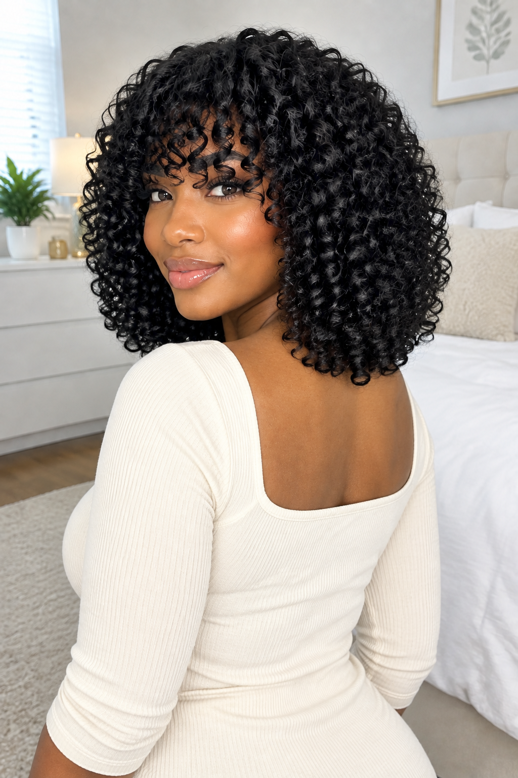 A woman with a voluminous, short, curly black wig is shown from the back and side, wearing a cream-colored ribbed top in a brightly lit bedroom setting.