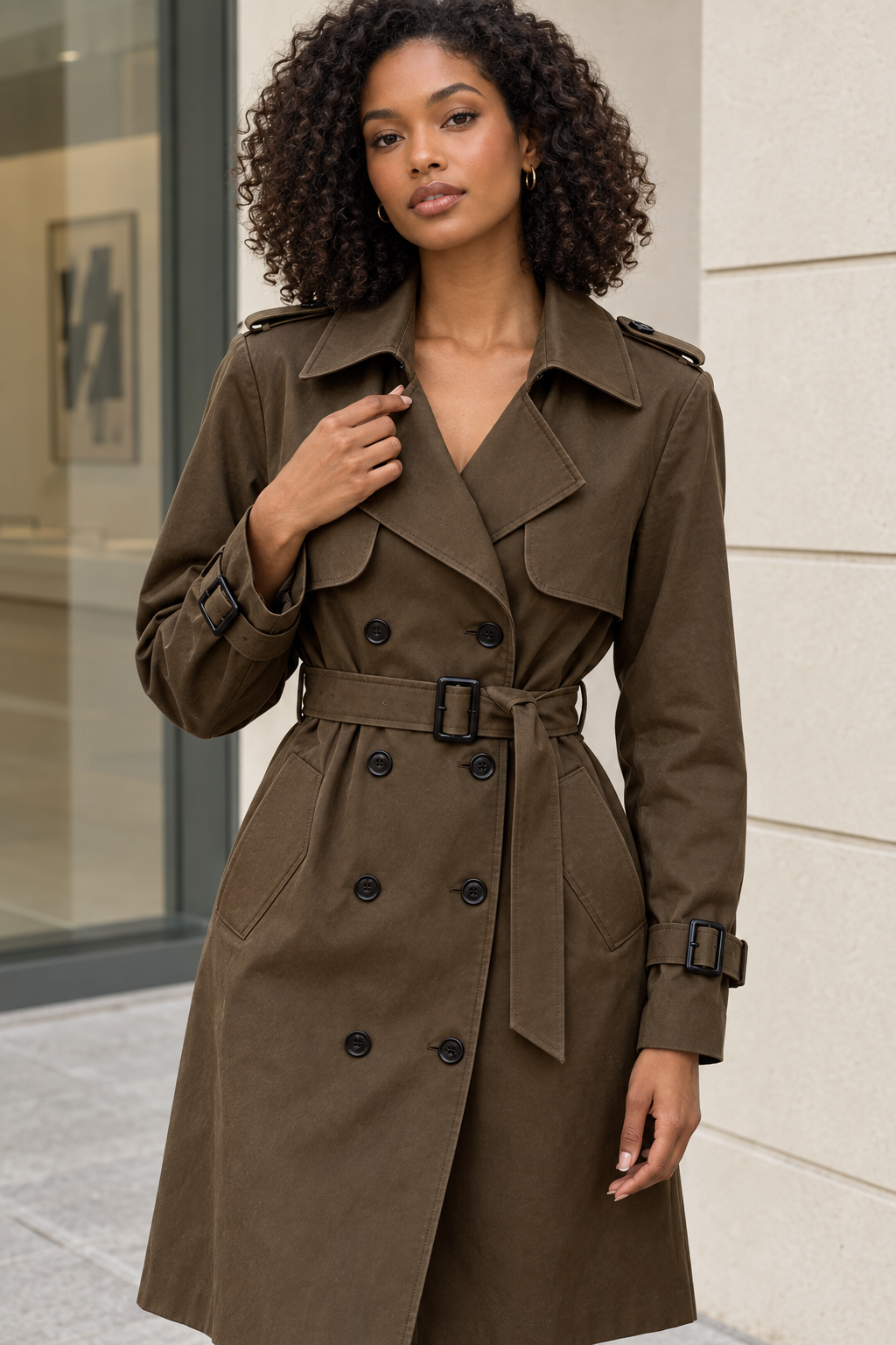 Close fashion view of the Deep Brown trench coat