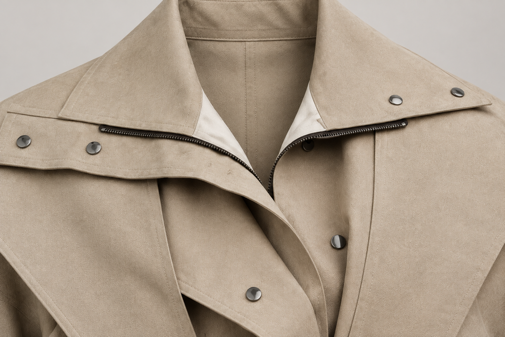Close-up of khaki trench coat collar and snaps