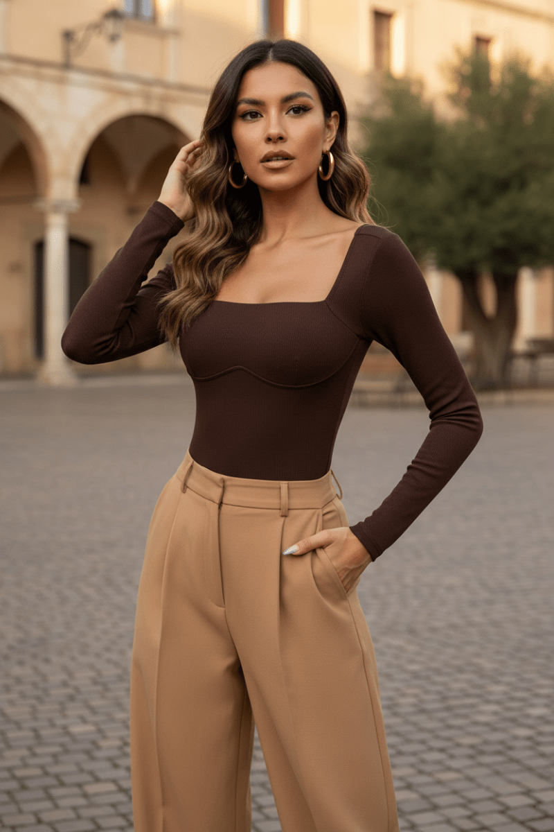 Square Neck Long Sleeve Bodysuit | Fitted Stretch Top - The PM Edit