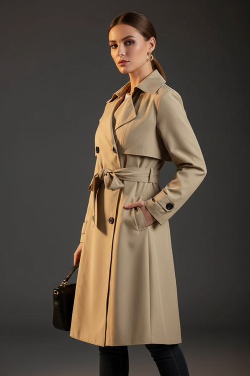Collared Neck Tie Waist Trench Coat