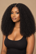 Corrected short dense kinky-curly wig on model