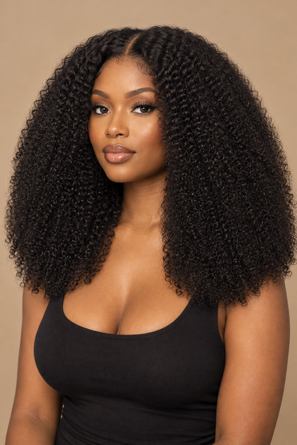 Corrected short dense kinky-curly wig on model