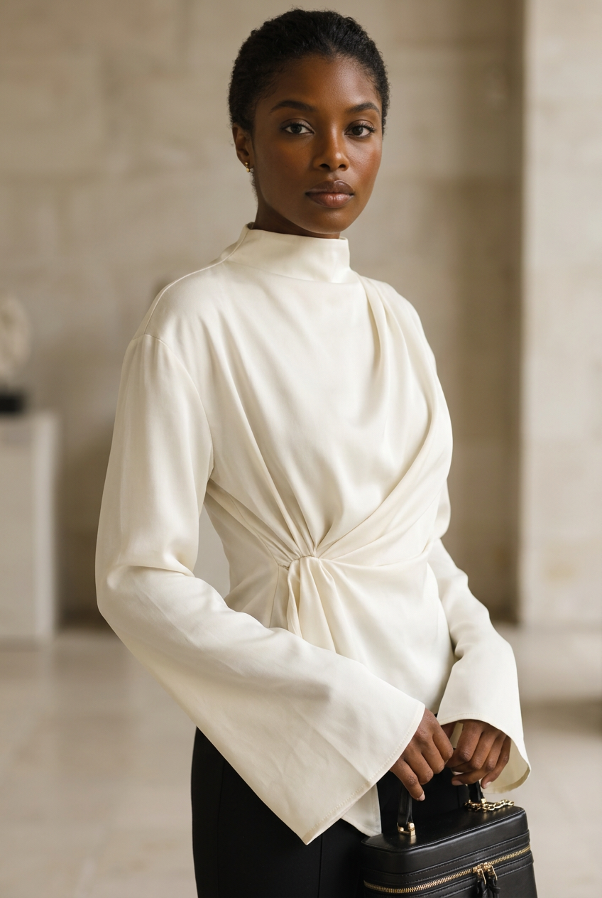 Cream ruched blouse — draping detail
