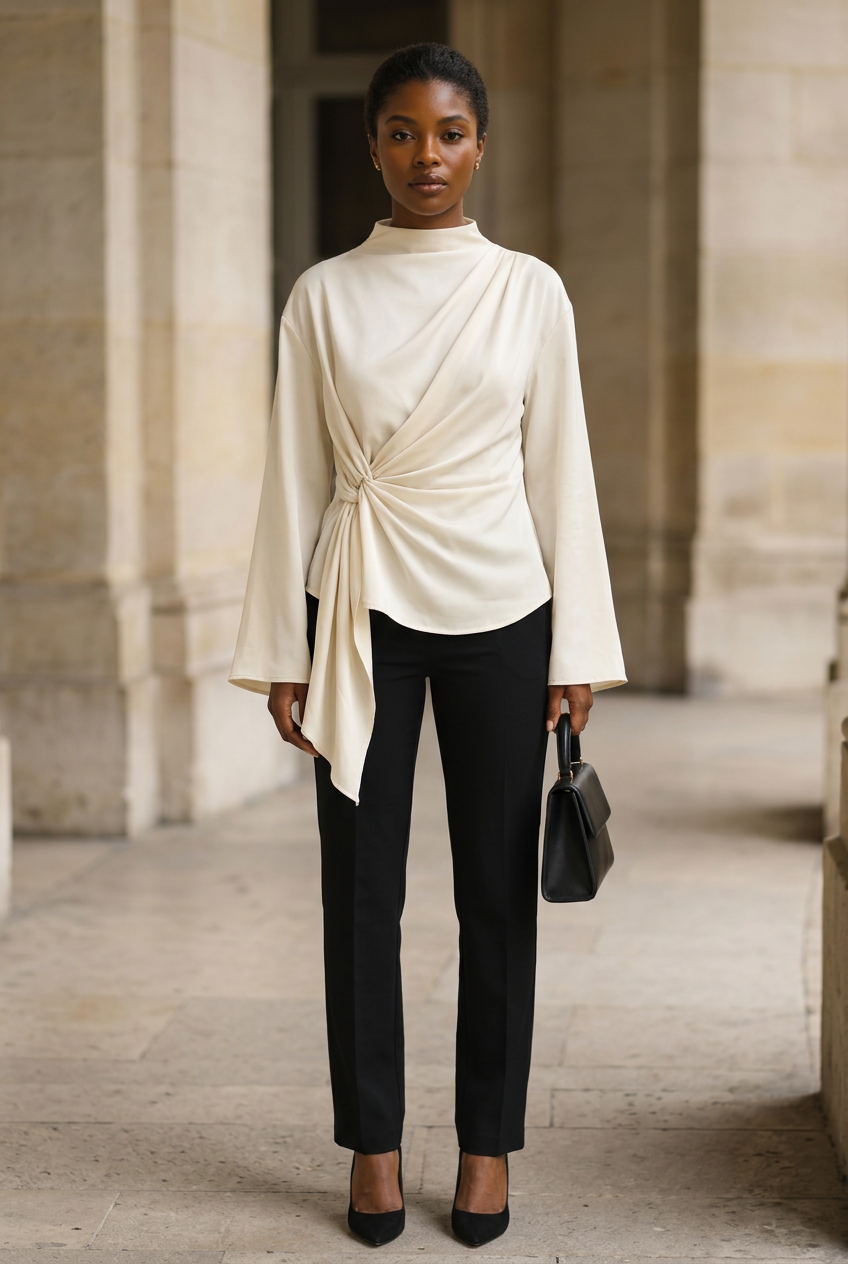 Cream ruched blouse — full-body front