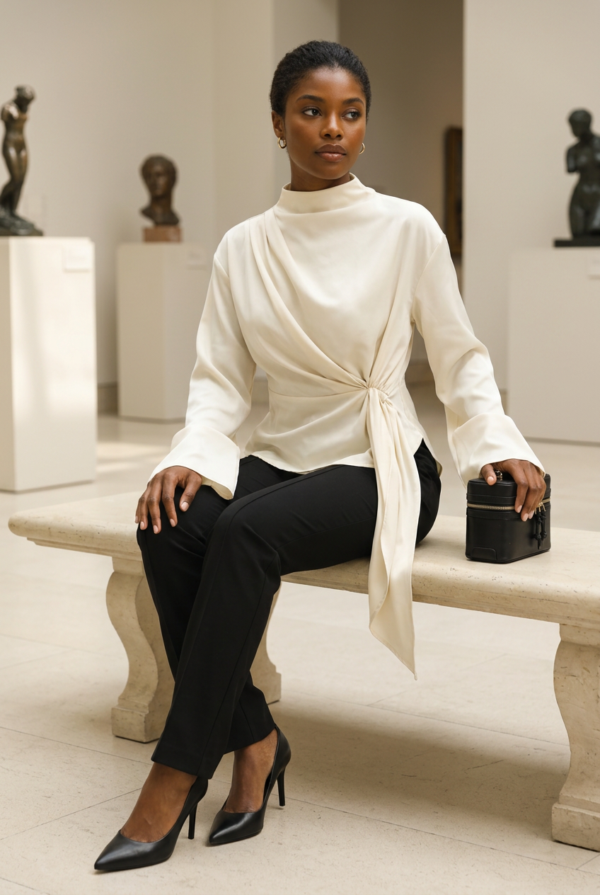 Cream ruched blouse — seated look