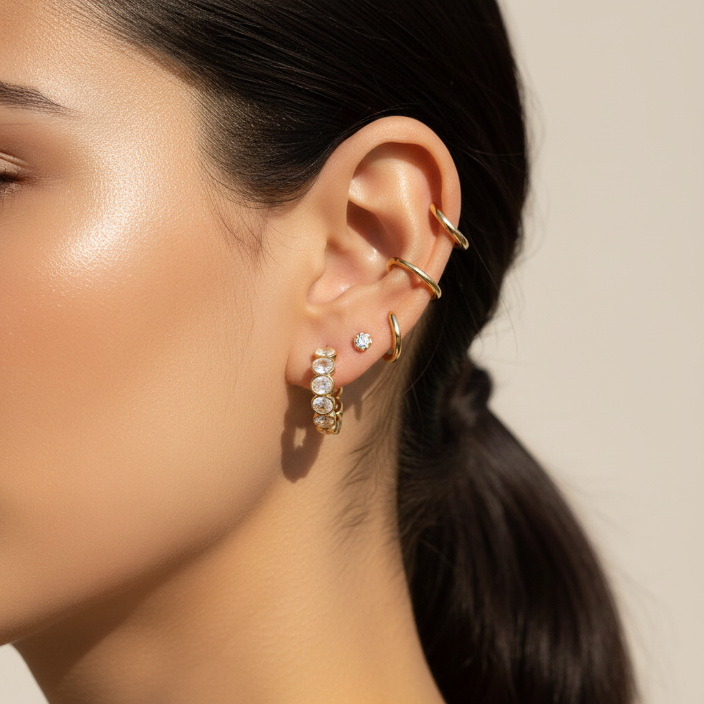 Crystal Bezel Hoops Stacked Ear