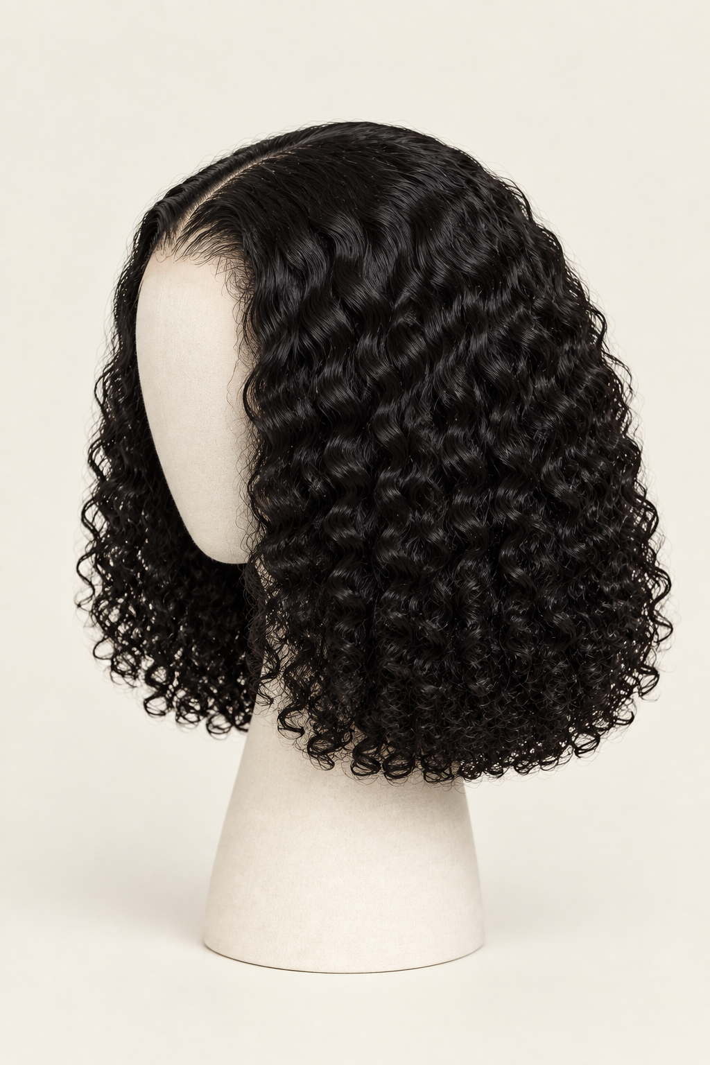 Curly-wave bob product display, back three-quarter view