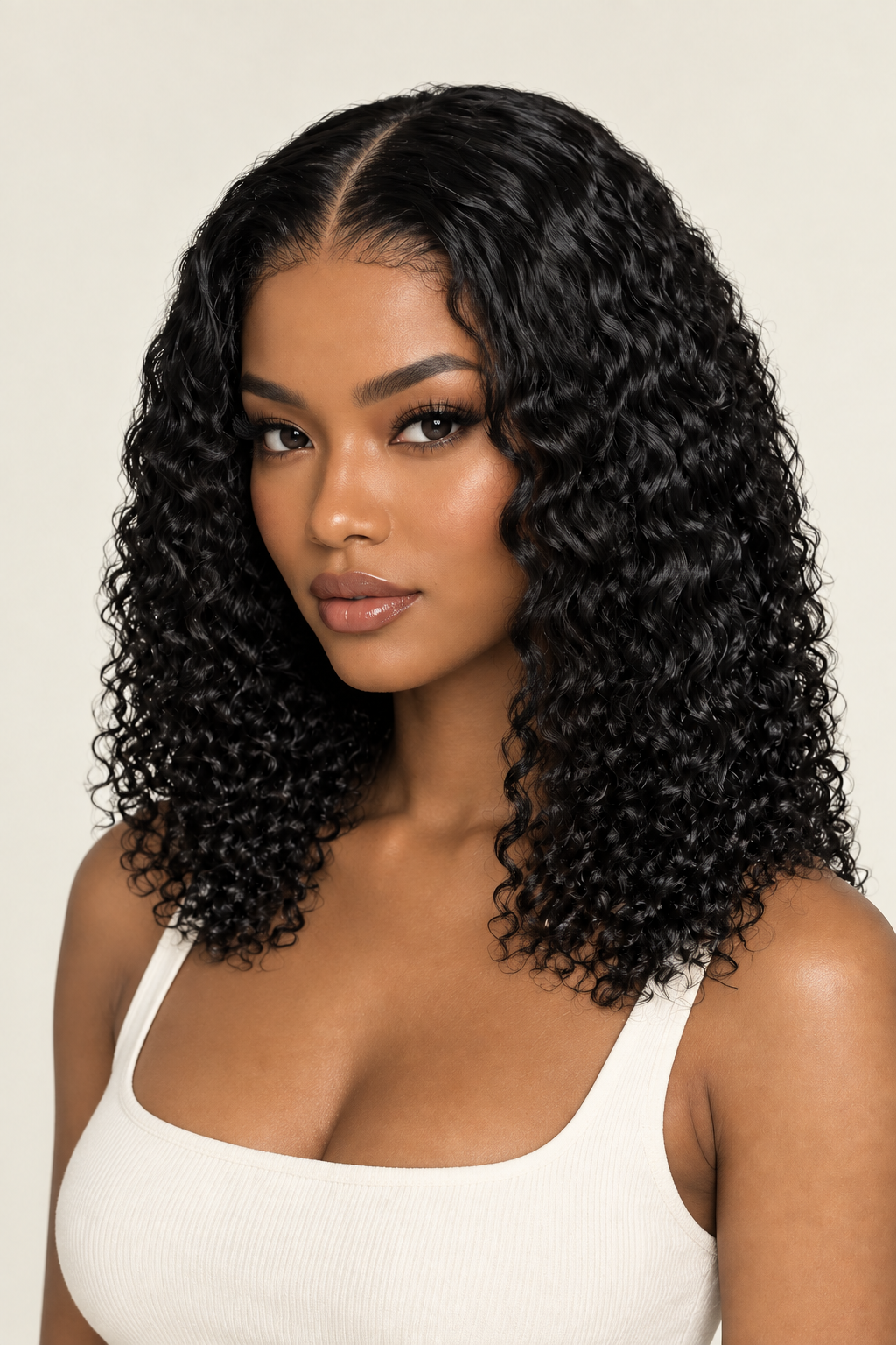Curly-wave bob wig on Black model, front view